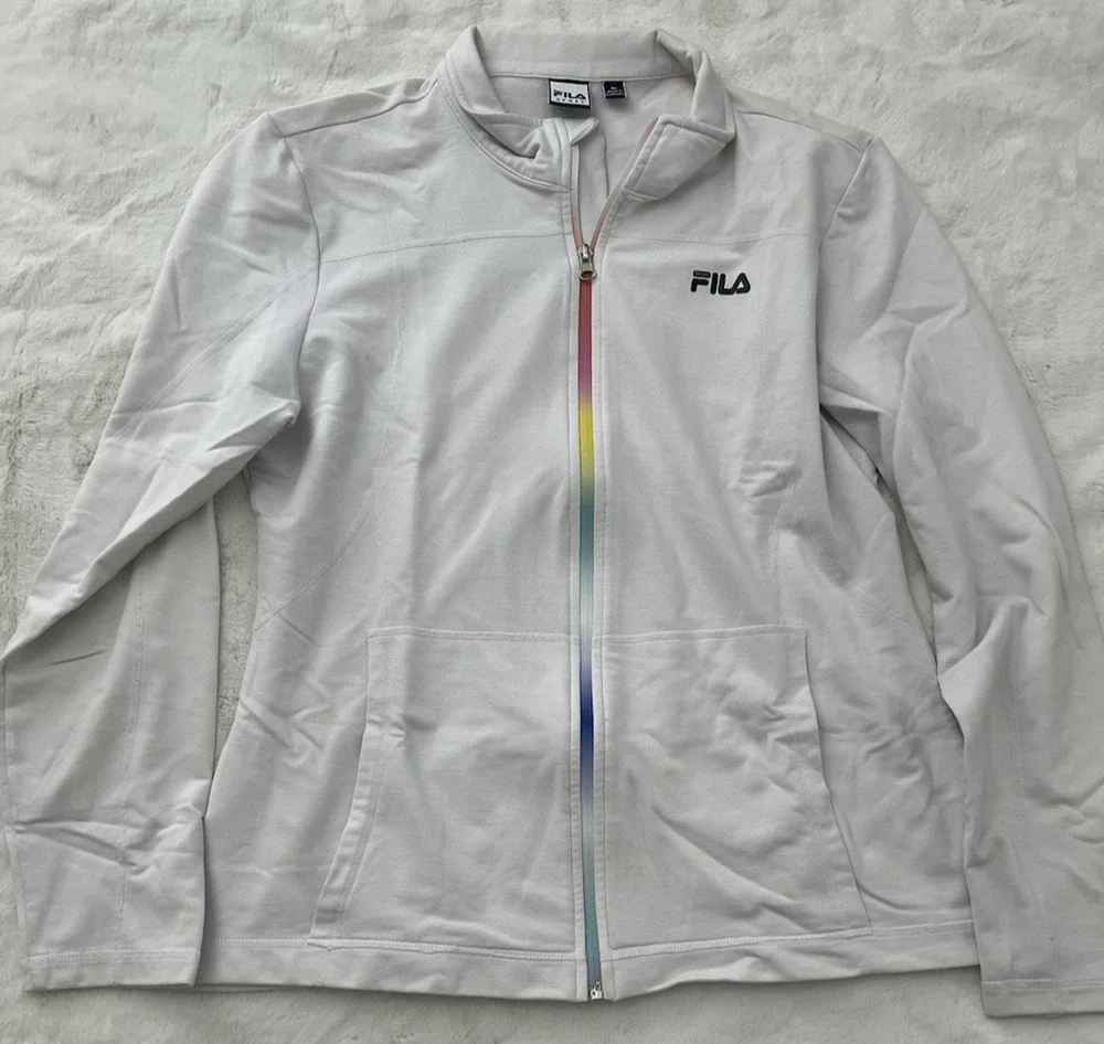 FILA Sport Jacket Womens XL White Full Zip Rainbow Trim Athletic Lightweight